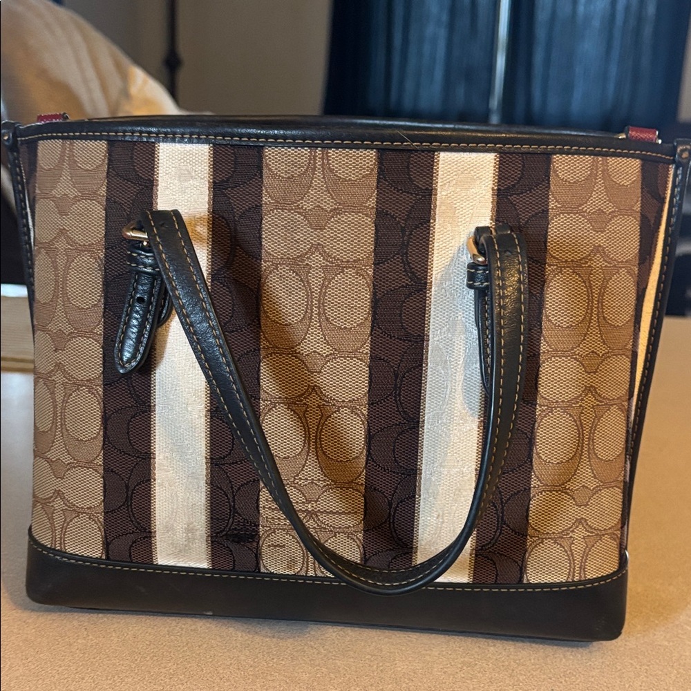 Coach Brown and Ivory Signature Stripe Tote - Picture 2 of 6
